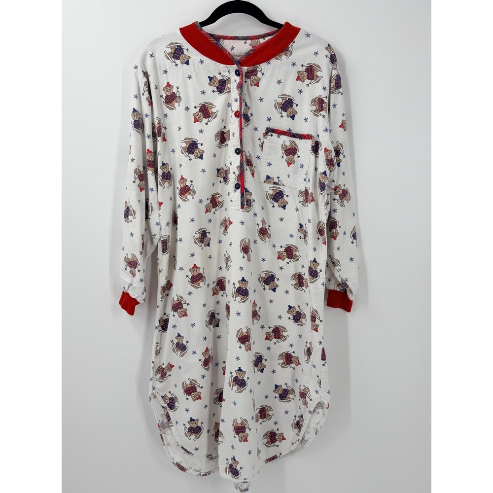 Vintage Skiing Teddy Bear Lanz of Salzburg Nightgown Womens sz L Modest Flannel